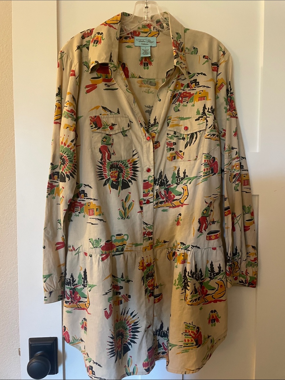 Tasha Polizzi Beige Tunic with Red, Green, Yellow and Black Western Print